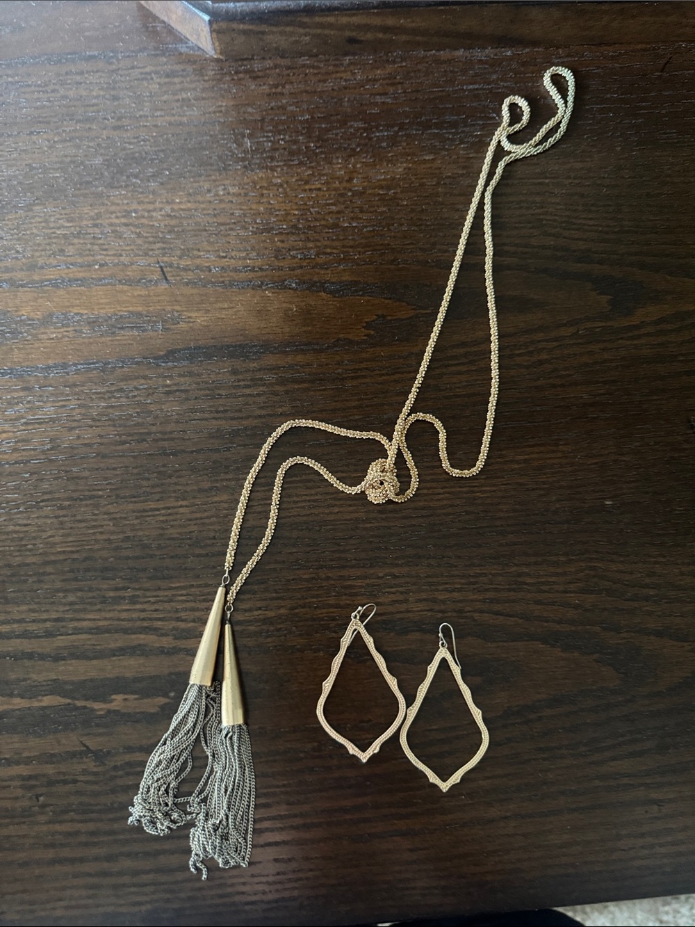 Gold-Tone Long Chain Necklace with Tassel Drops and Matching Earrings